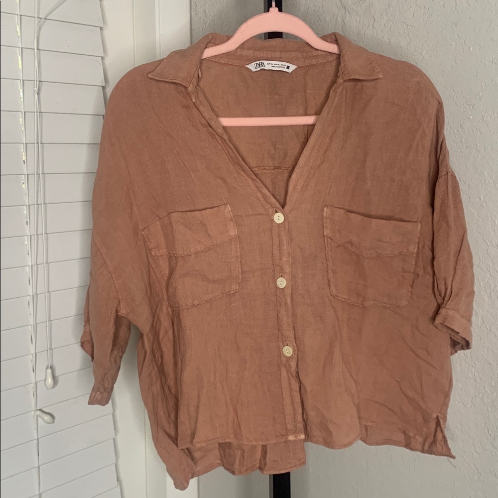 Zara linen Casual button blouse Shirt xl - Picture 5 of 6